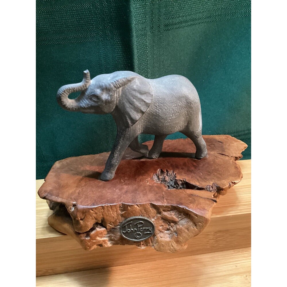 Vintage John Perry Parading Elephant Statue On Wooden Resin Base 4.5" Tall